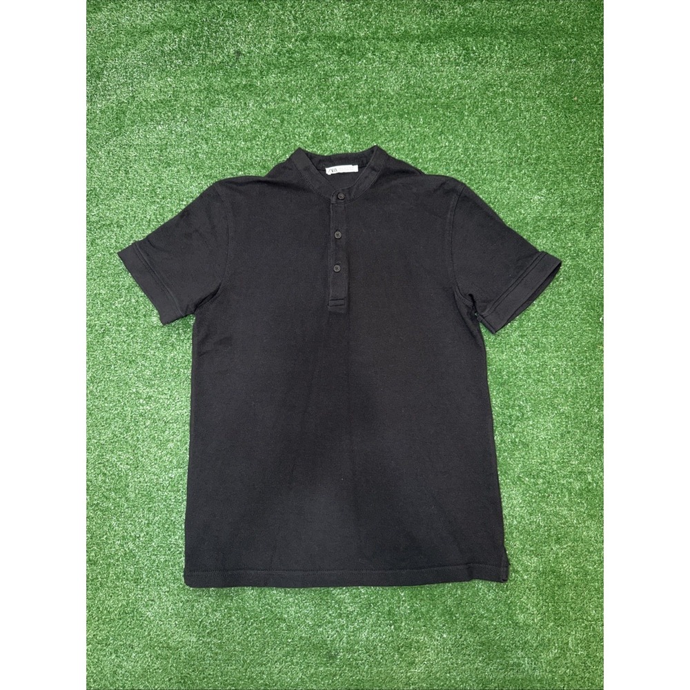 Men's ZARA Black Small Grandad Collar Slim Fit Cotton Casual